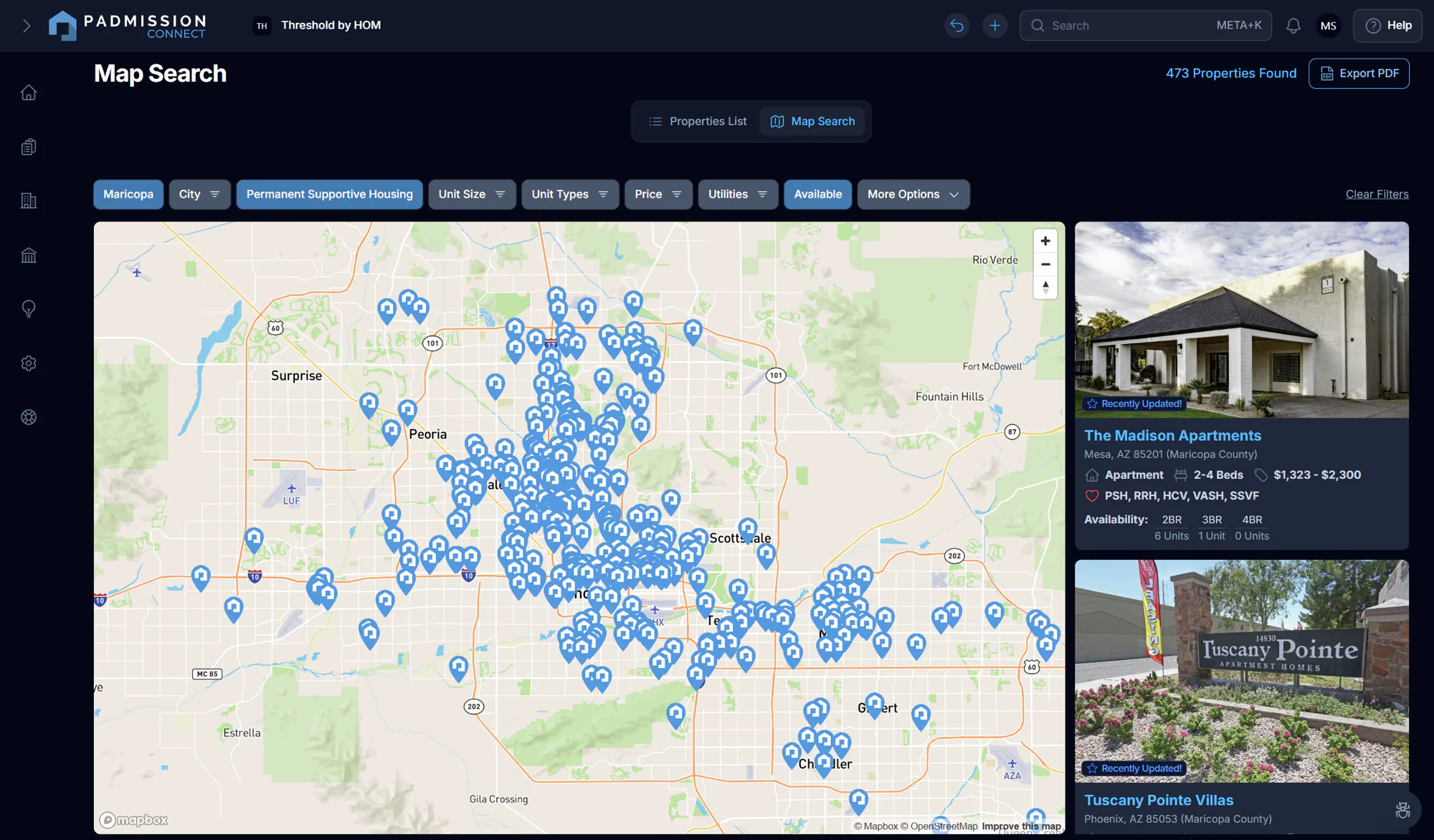 Padmission Connect map search showing 473 properties across Maricopa County