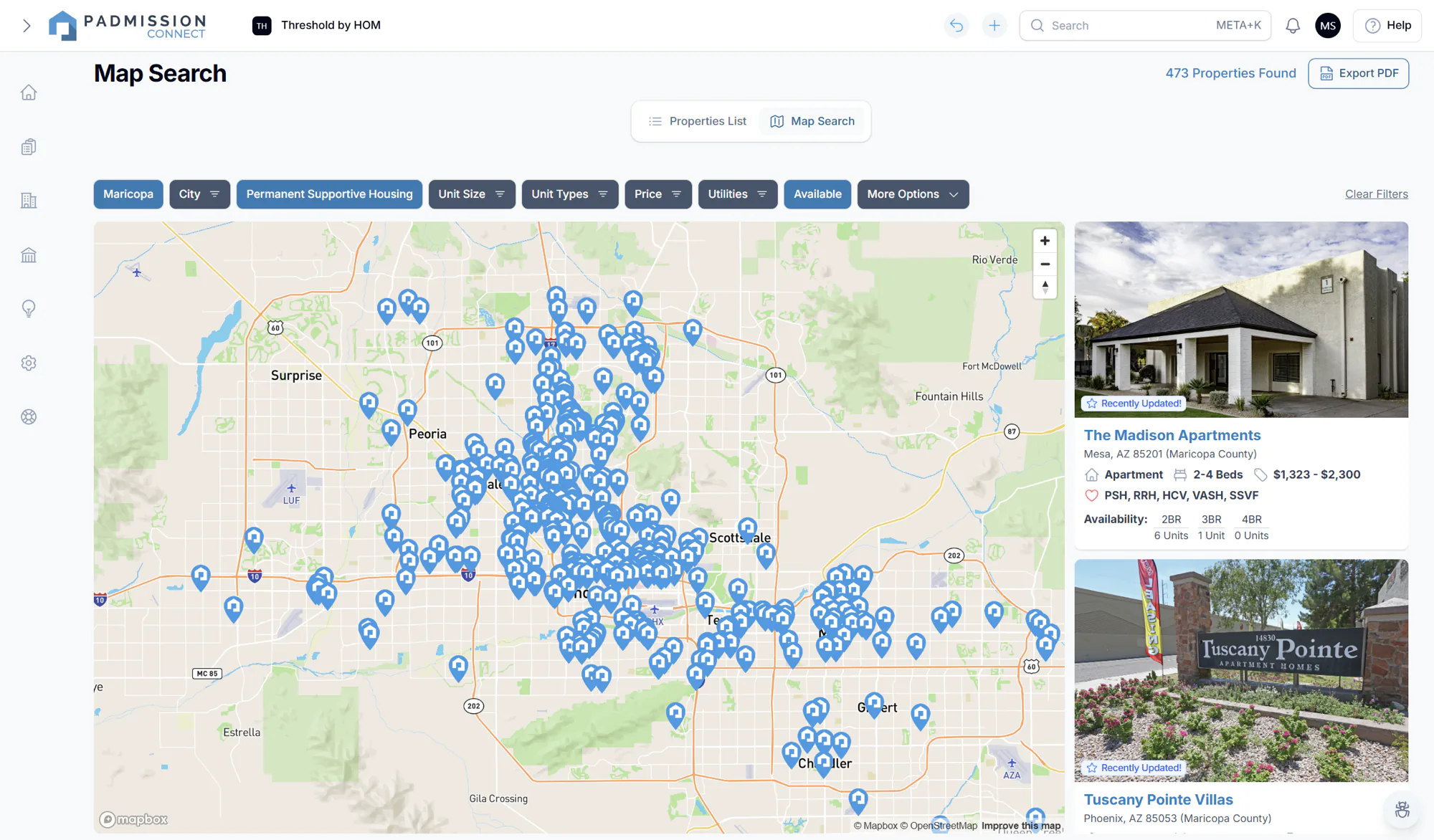 Padmission Connect map search showing 473 properties across Maricopa County