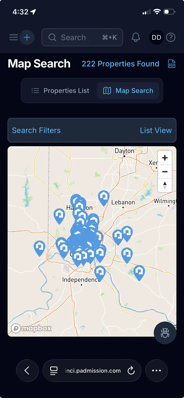 Padmission Connect mobile map search showing 222 properties found