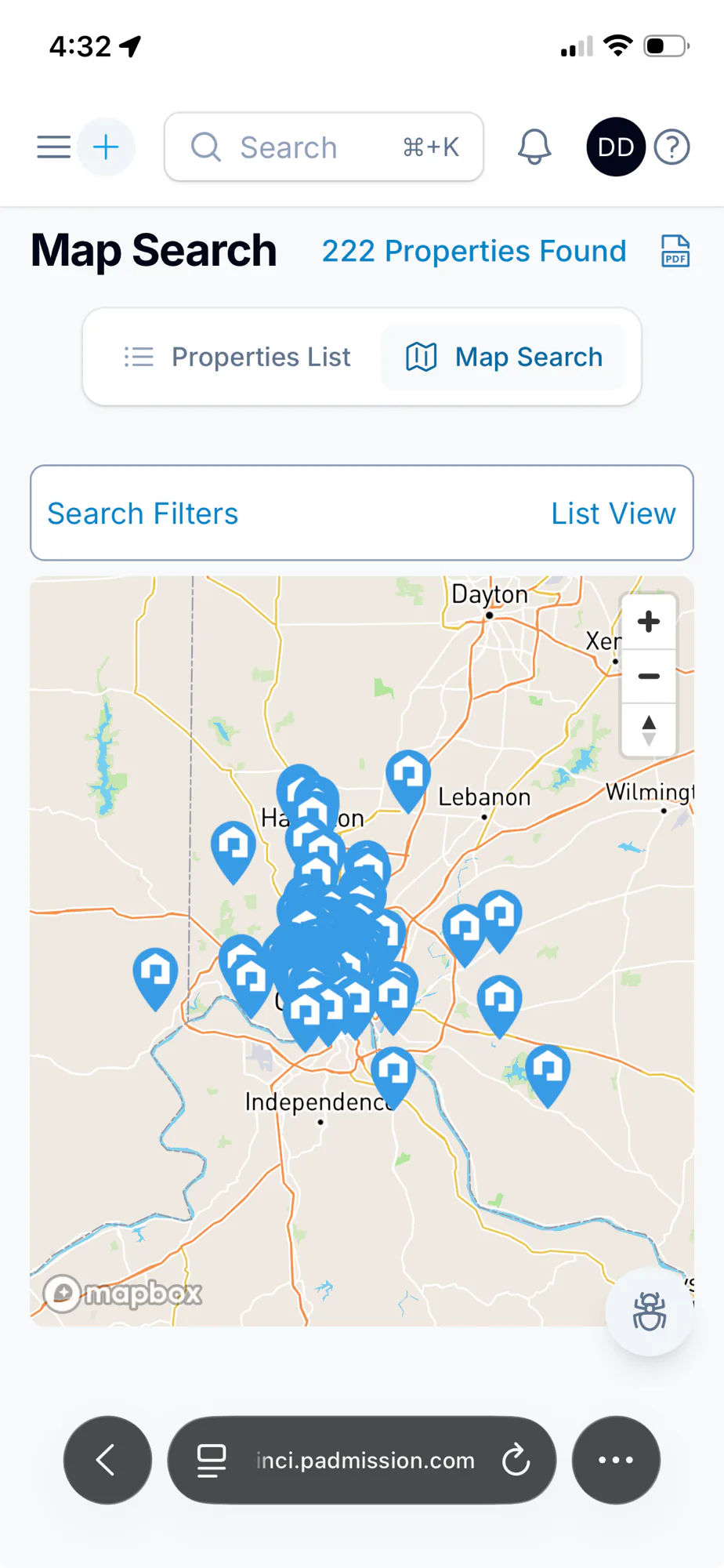 Padmission Connect mobile map search showing 222 properties found