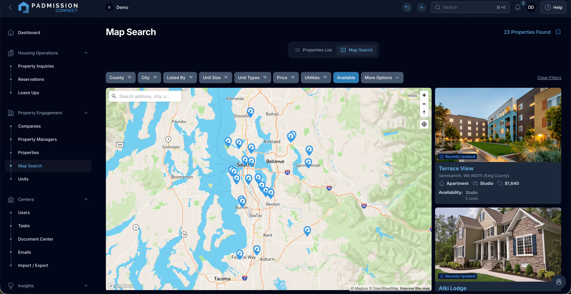 Padmission Connect map search dashboard with available properties, filter chips, and property cards