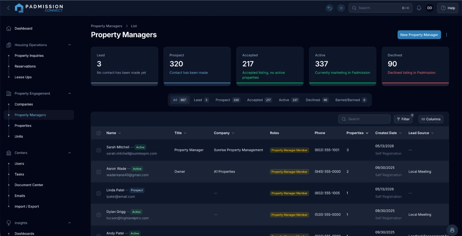 Padmission Connect property managers admin list with status pipeline cards