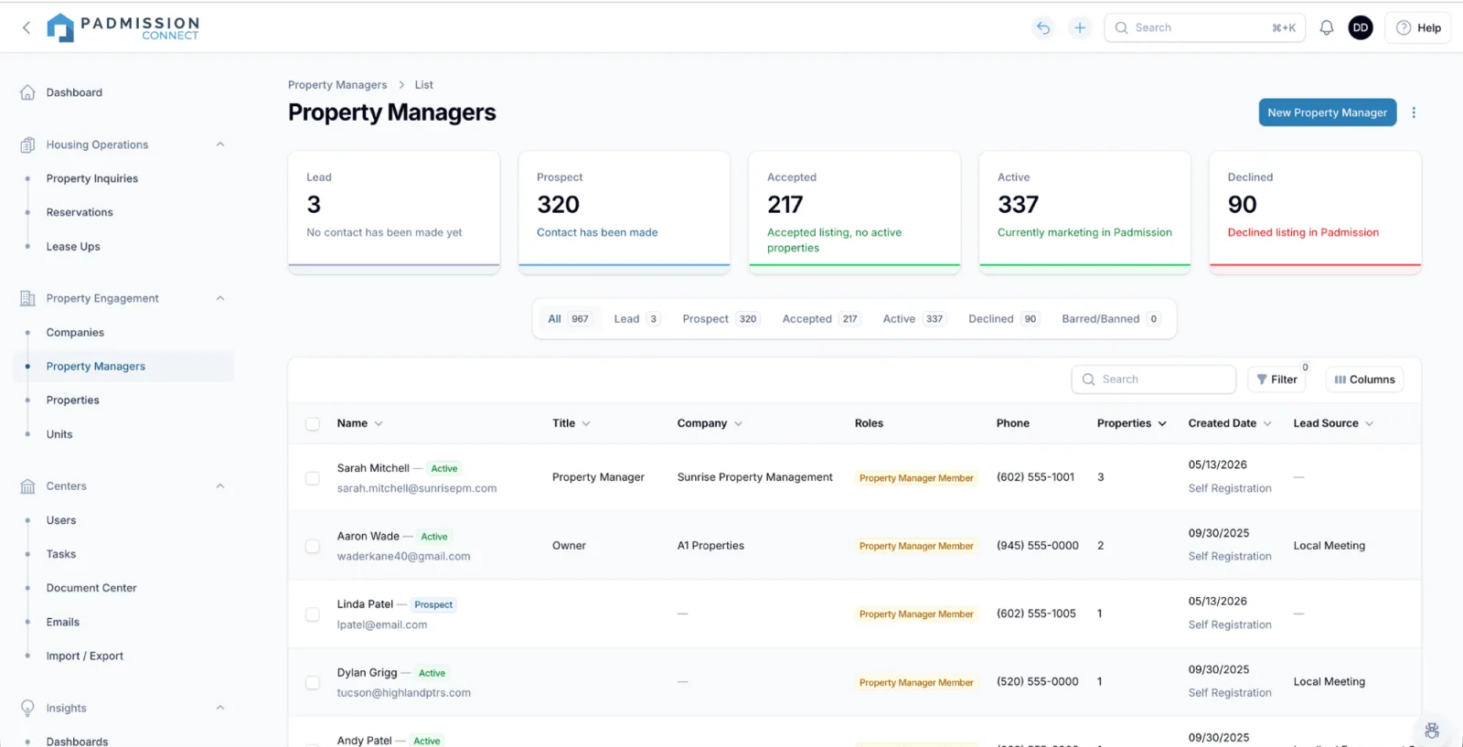 Padmission Connect property managers admin list with status pipeline cards