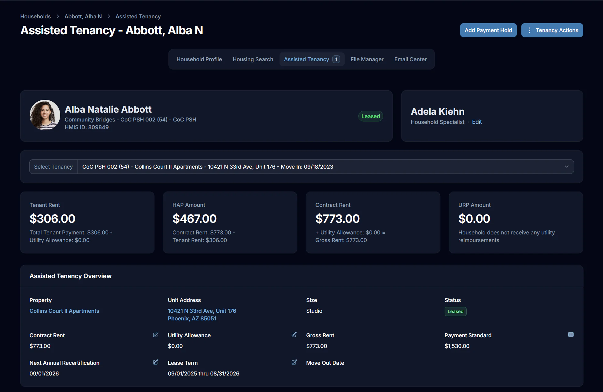 Padmission Journey assisted tenancy dashboard — tenant rent, HAP amount, contract rent, and tenancy overview