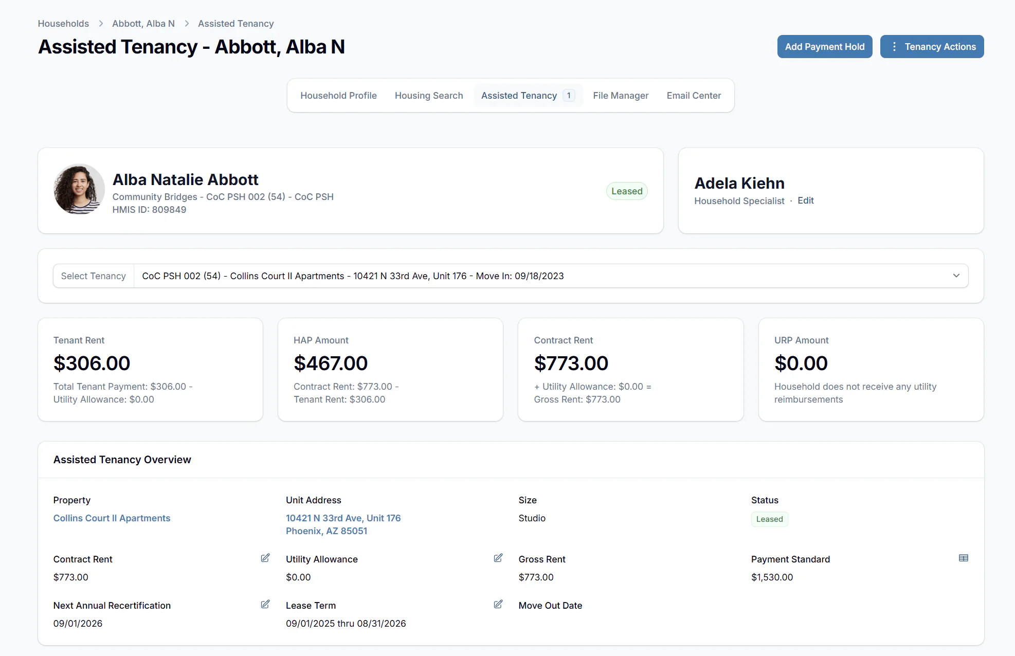 Padmission Journey assisted tenancy dashboard — tenant rent, HAP amount, contract rent, and tenancy overview