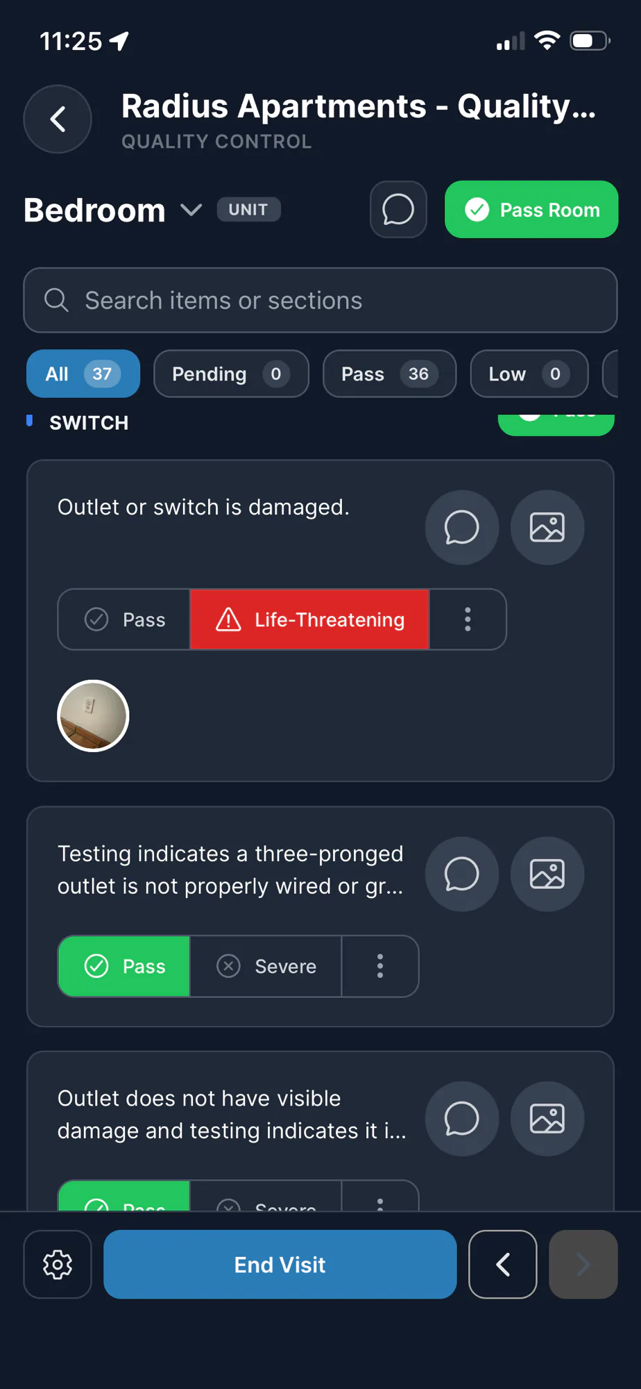 Inspections app showing bedroom checklist with Pass / Life-Threatening item buttons