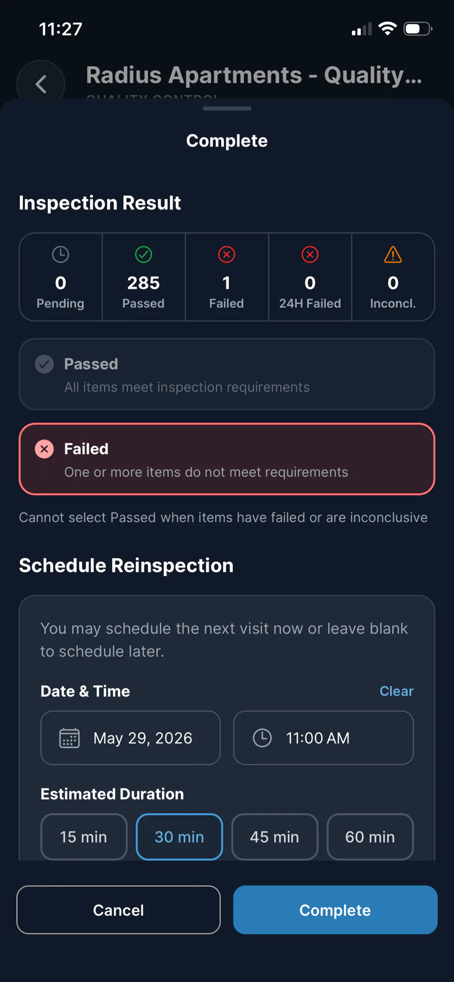 Inspections app Complete screen with Pass / Fail result and reinspection scheduling