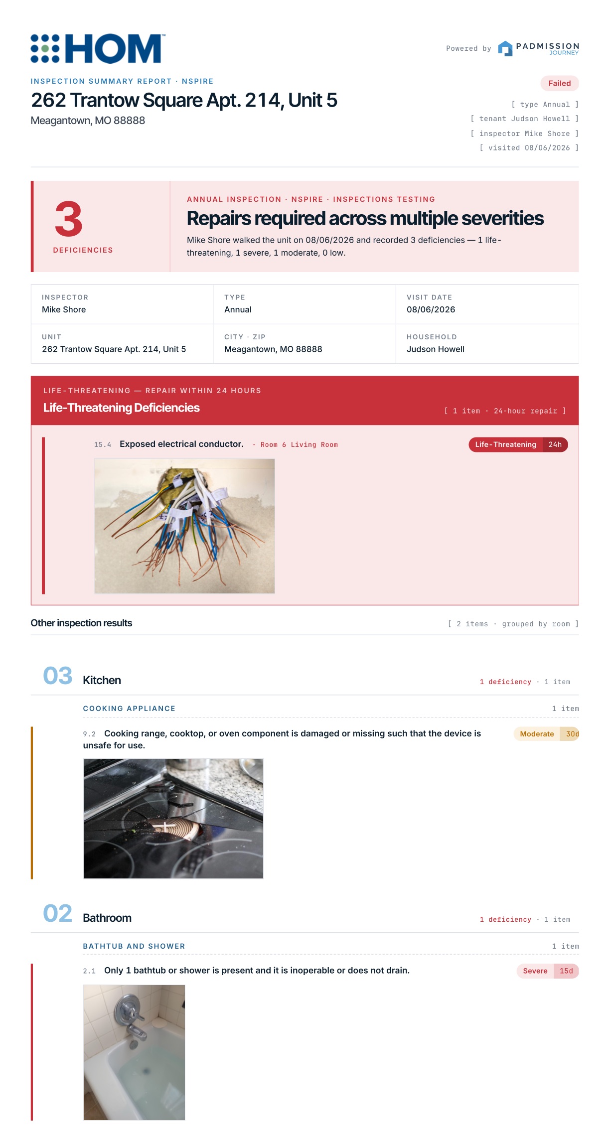 Inspection summary report emailed from the field: a failed NSPIRE annual inspection for 262 Trantow Square Apt. 214, Unit 5, with a life-threatening exposed electrical conductor flagged for 24-hour repair, then moderate and severe deficiencies grouped by room