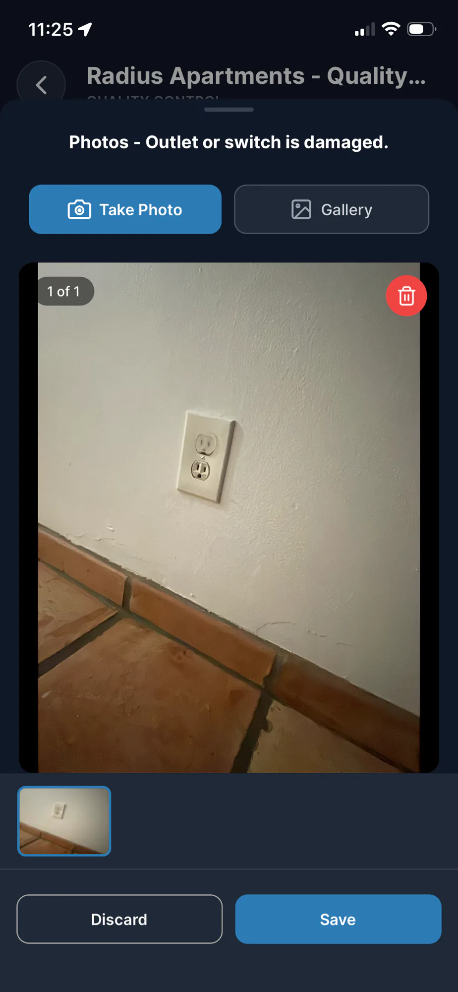 Inspections app photo capture for a damaged outlet finding