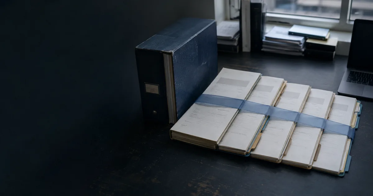 A policy binder standing apart from a row of banded household case files, illustrating the distance between a written rule and the enrollments it has to reach
