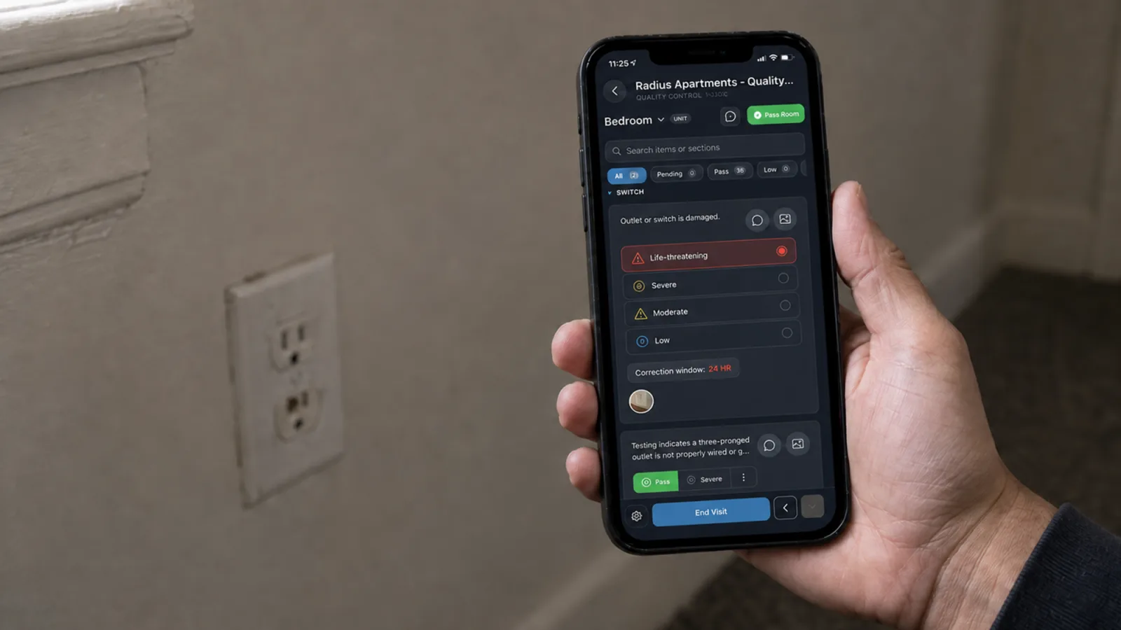 An inspector classifying a damaged outlet in the field on a phone — the four severity tiers are the form itself, and selecting life-threatening attaches a 24-hour correction window to the record