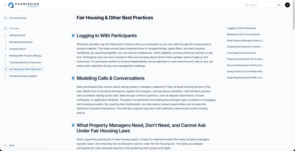 Case Manager Help Center Guides in Padmission Connect
