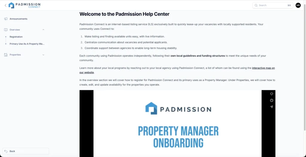 Property Manager Help Center Guides in Padmission Connect