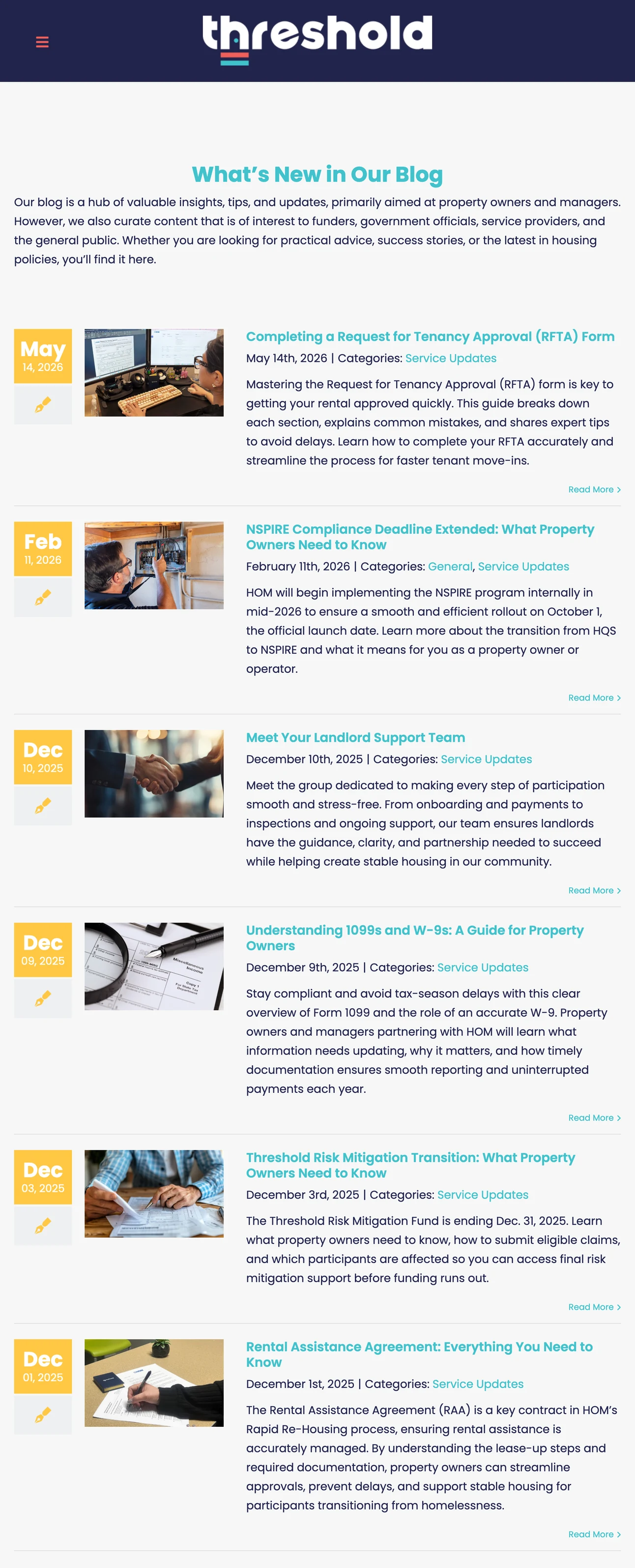 Threshold's blog for property owners, newest first: completing a Request for Tenancy Approval, the NSPIRE compliance date extension, meeting the landlord support team, Form 1099s and W-9s, the risk mitigation fund transition, and the rental assistance agreement.
