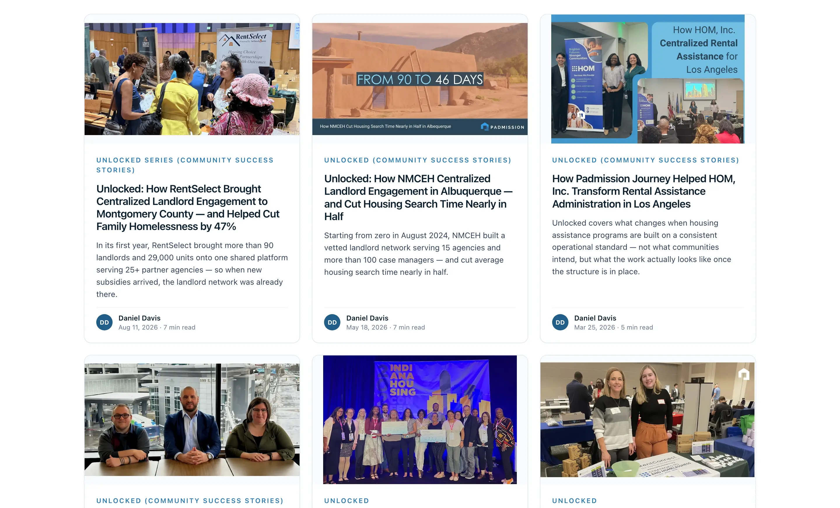 The Unlocked series archive: community success stories from Montgomery County, Albuquerque and Los Angeles, each with a photograph and headline