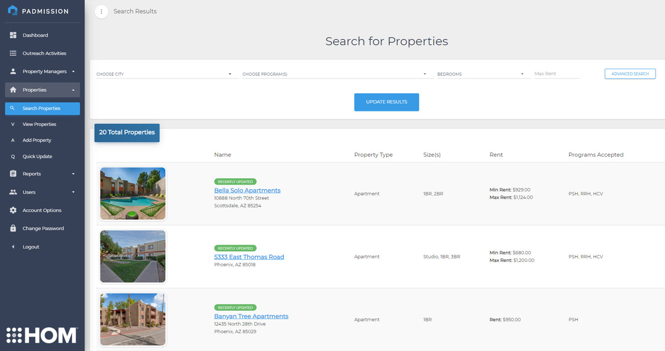 Padmission Search for Properties Screen