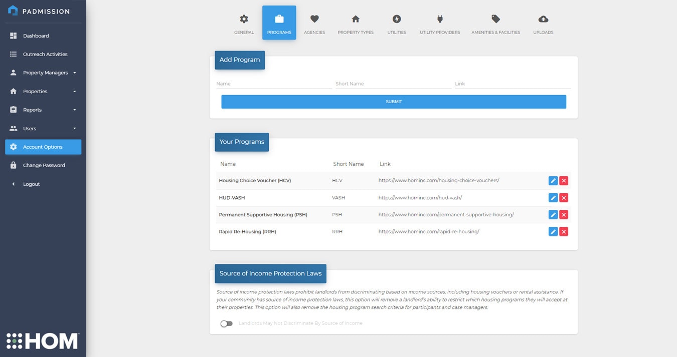 Padmission Add Program Screen