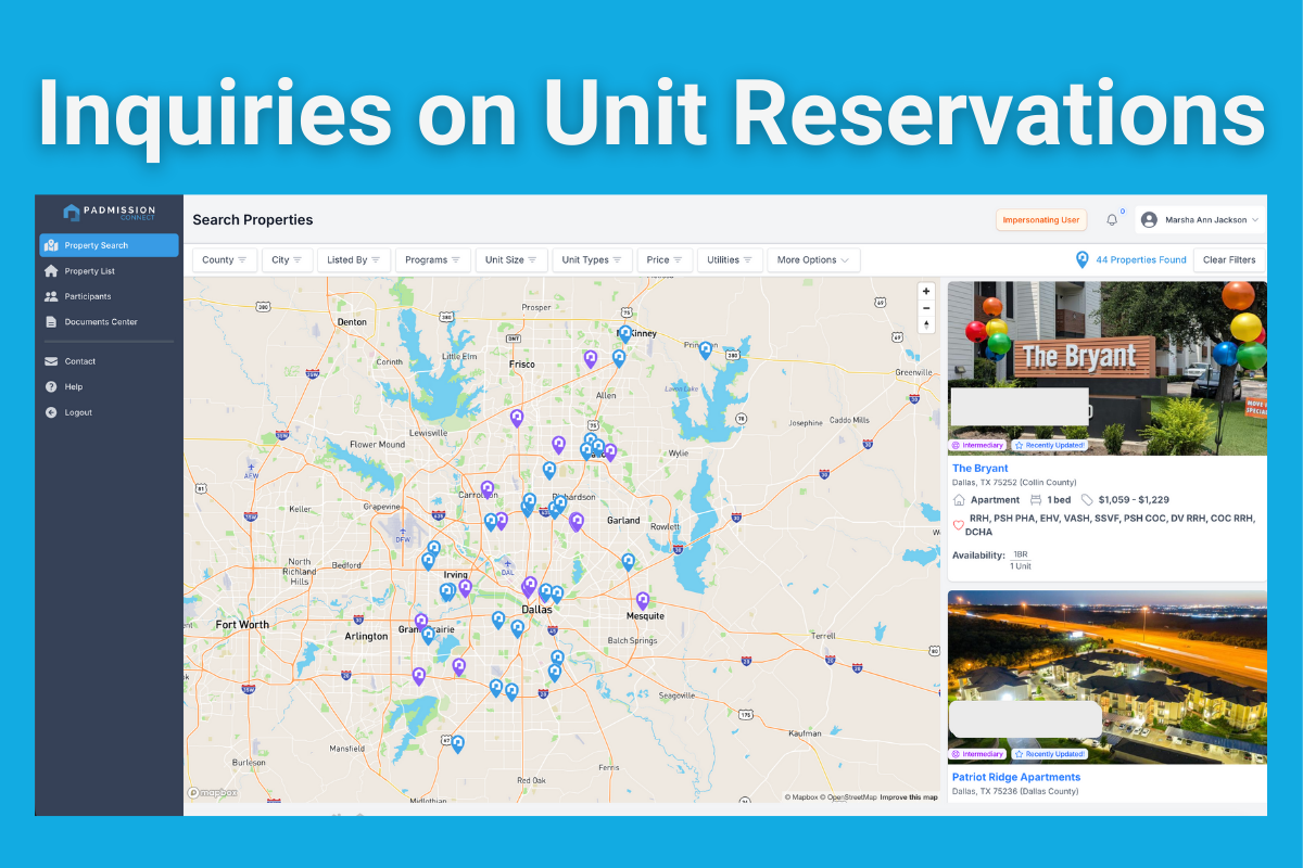 Image of a screen showing a map with available properties pinned alongside reserved units, from the case manager's view. Image of a screen showing a map with available properties pinned alongside reserved units, from the case manager's view.