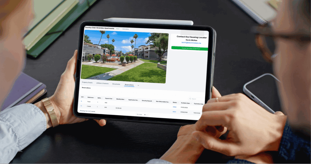 tablet2 Tablet displaying reserved housing units within a coordinated housing search, allowing a case manager in the field to view reservation status and inquiry activity.